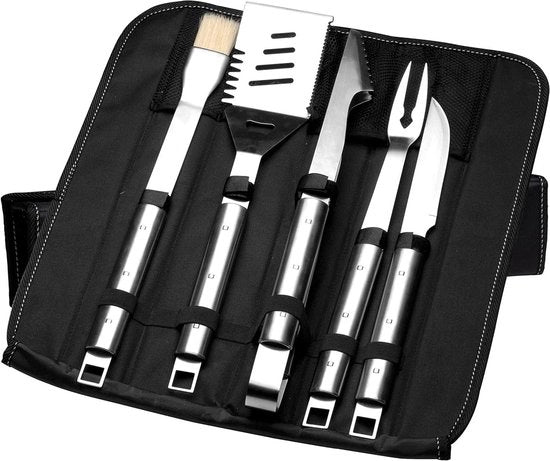 Set da barbecue 6 pezzi - Strumenti per la griglia con borsa pieghevole - Set da barbecue composto da forchetta, coltello, pennello per marinatura, pinze e spatola.