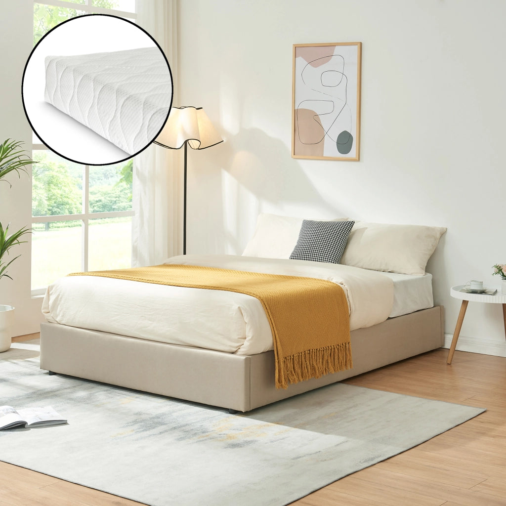 Letto Francese Contenitore Nola 140x200 cm con Materasso Apertura a Ribalta Rivestito in Tessuto Lino - Beige [en.casa]