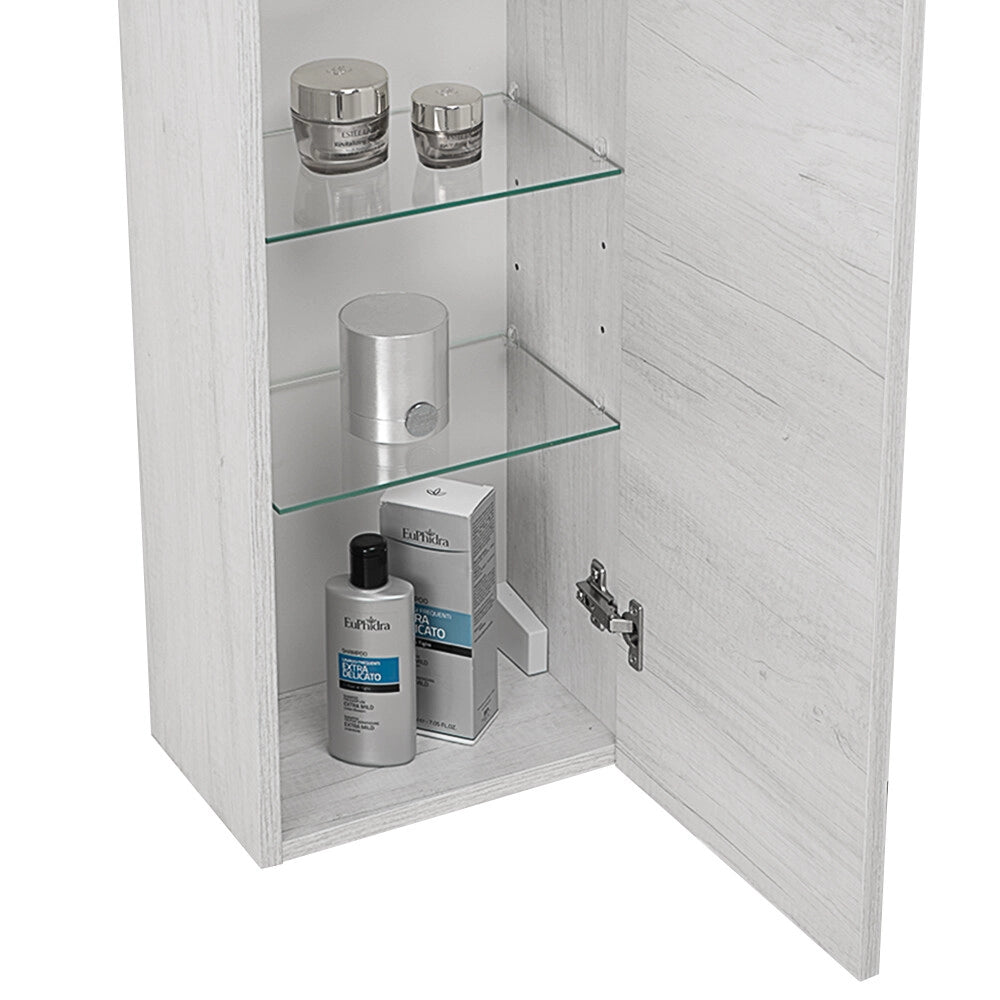 Colonna bagno sospesa 30x160 cm in quercia bianca con quattro mensole e due ante push-pull Leda