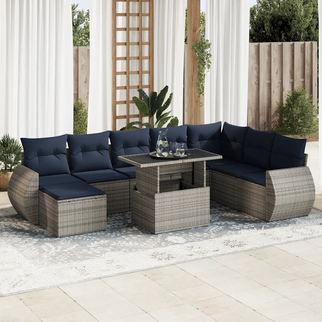 Set Divani Giardino 9 pz con Cuscini Polyrattan Acacia Grigio 3326692