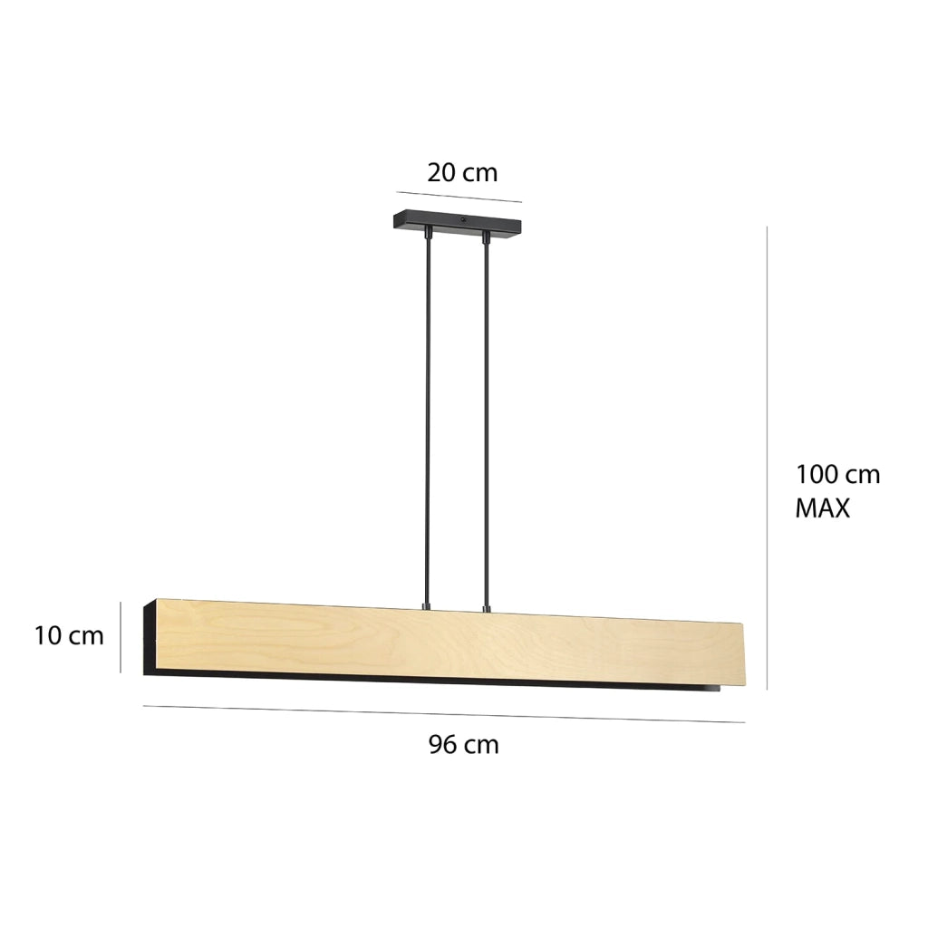 Lampadario 4 Luci Merlino In Acciaio Nero Corpo Rettangolare E Legno Naturale