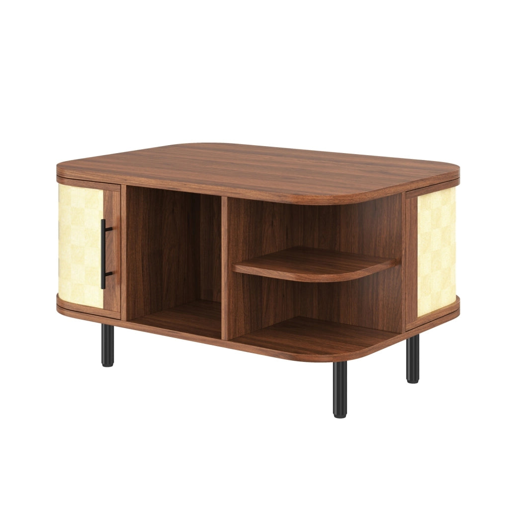 Tavolino da caffè 80x60x47 cm con forma curva e vani laterali in MDF color noce