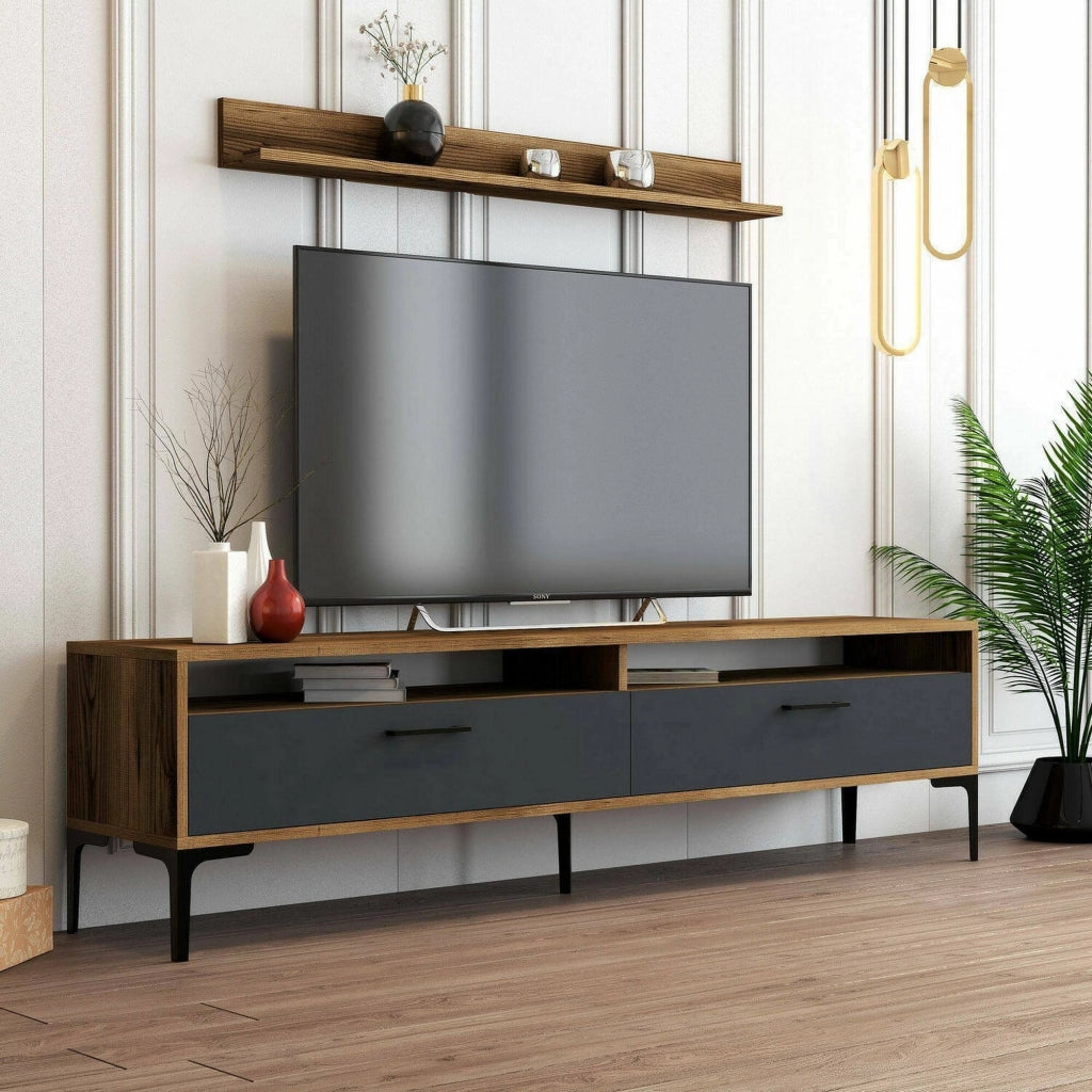 Parete attrezzata Oho, Composizione soggiorno, Mobile salotto multiuso, Armadio porta TV, 180x35h47 cm, Noce e Antracite