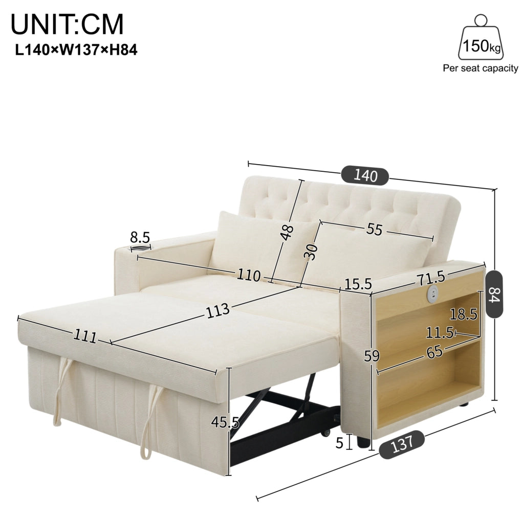 Divano letto 140x137x84 cm con schienale regolabile e portabicchieri in chenille beige