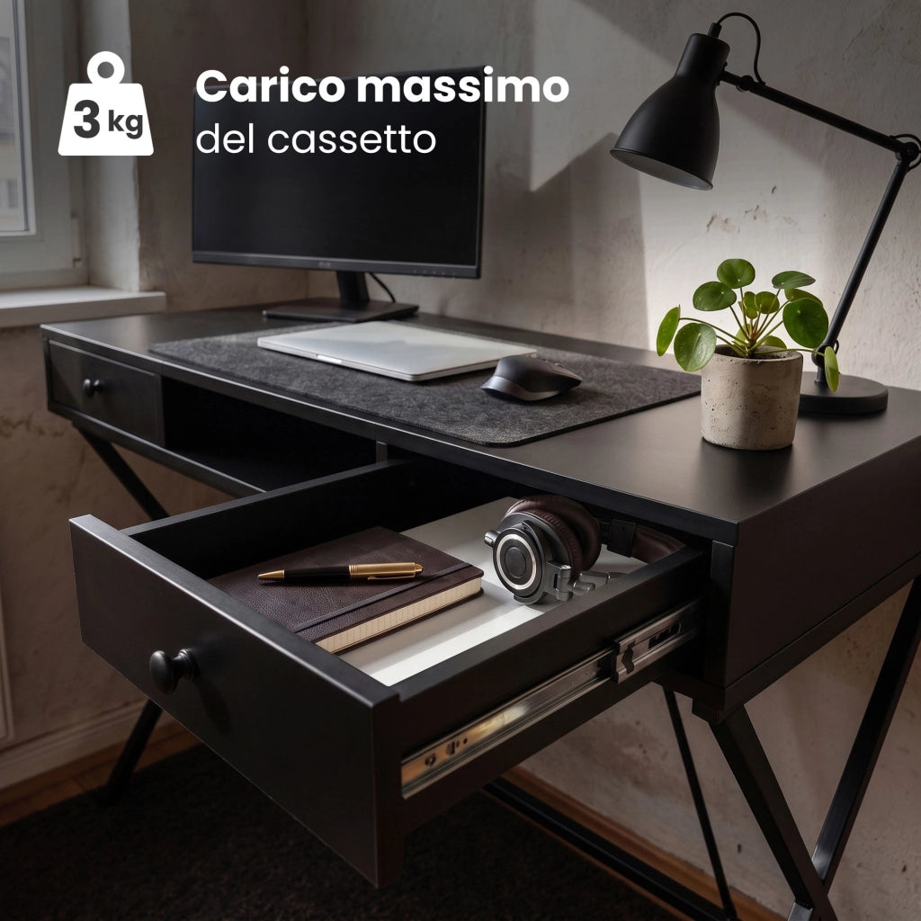 Scrivania PC industriale Nero CROSSLINE 120 cm 2 cassetti 1 ripiano gambe nere