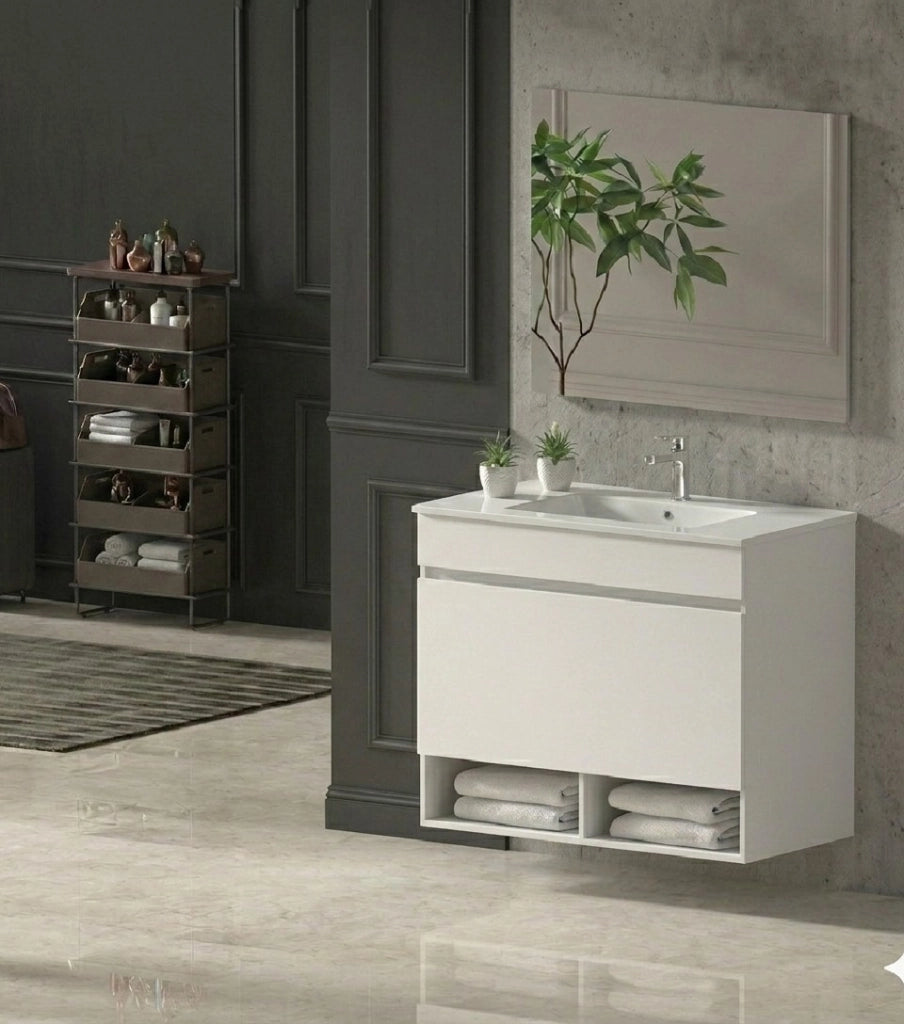 Mobile Bagno NEBARI Già Montato 1 cassetto, lavabo e specchio Bianco lucido 100x40 cm