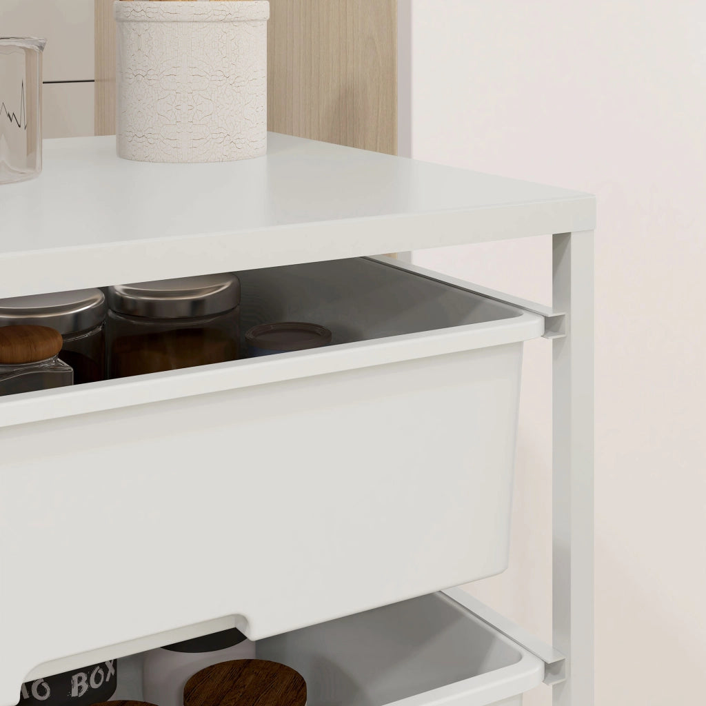 Carrello Multiuso con 3 Cestini Estraibili e Ruote per Cucina e Ufficio in Acciaio e PP, Bianco