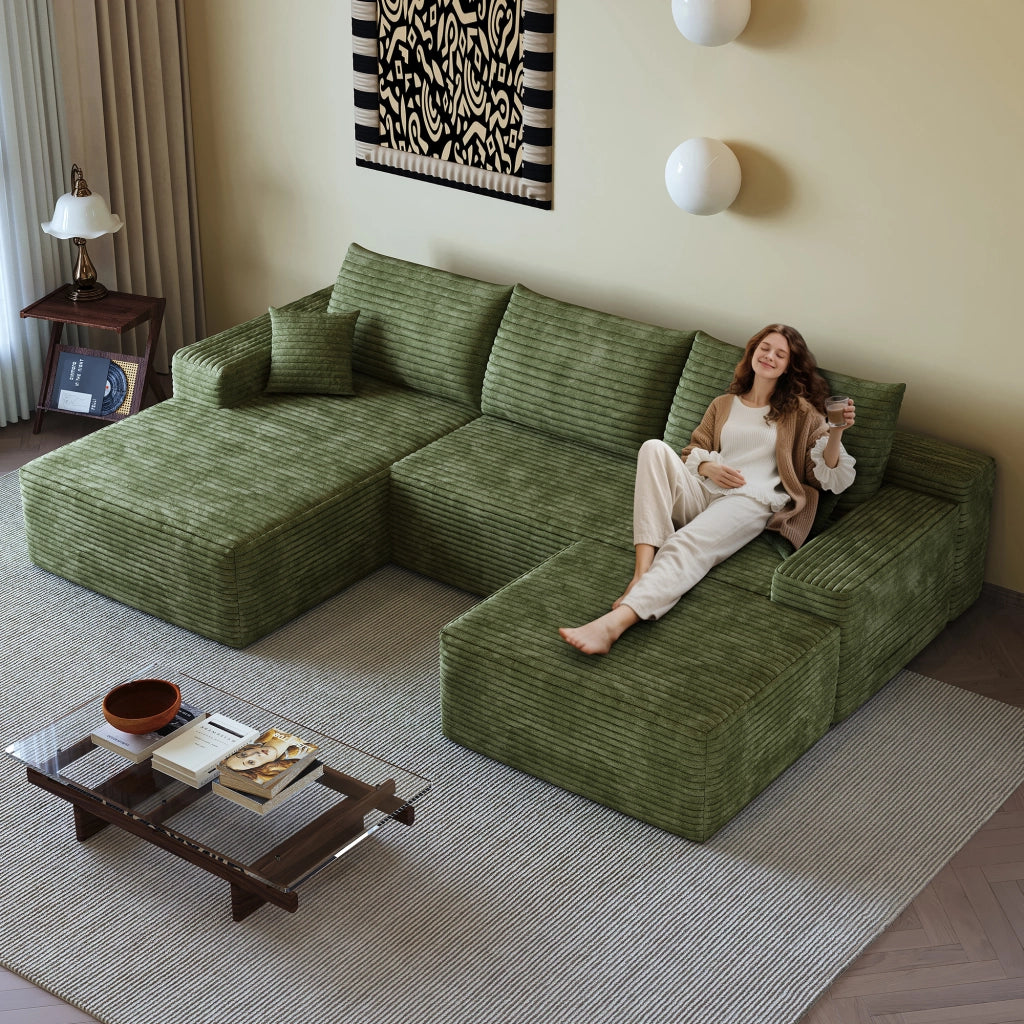 Divano angolare modulare con chaise longue a L in tessuto a coste, schiuma ad alta elasticità, verde per soggiorno