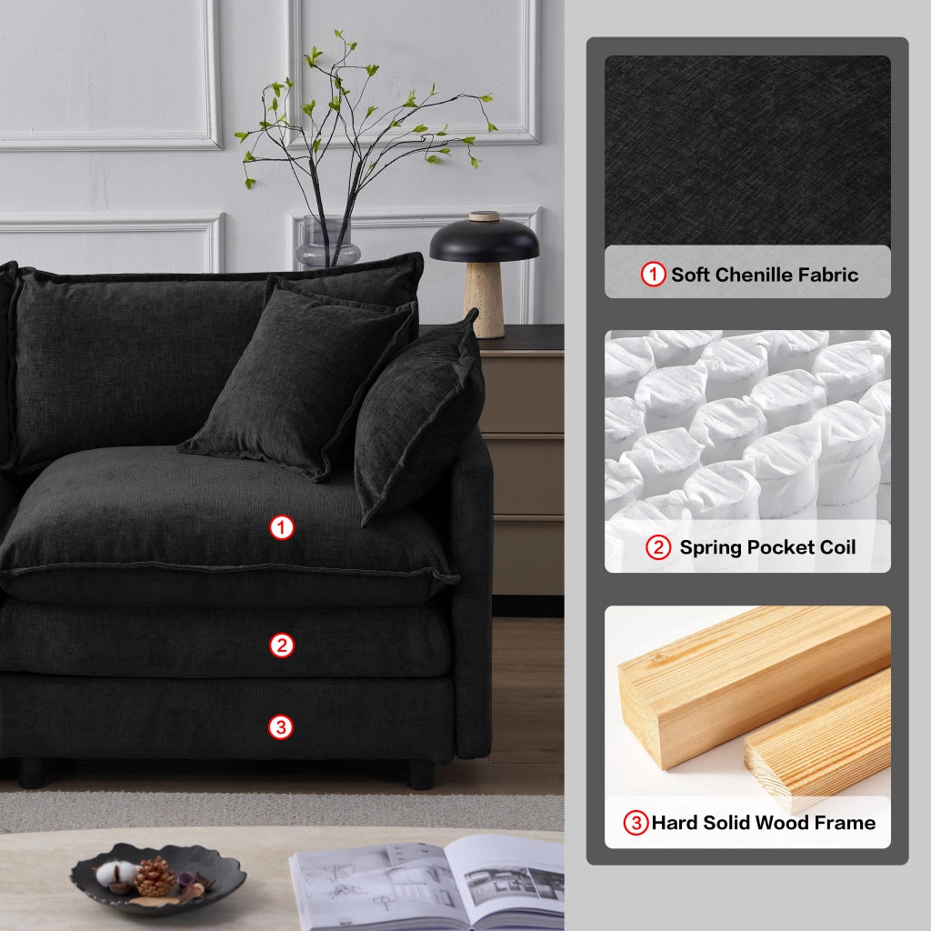 Divano angolare modulare 3 posti con pouf in ciniglia nero