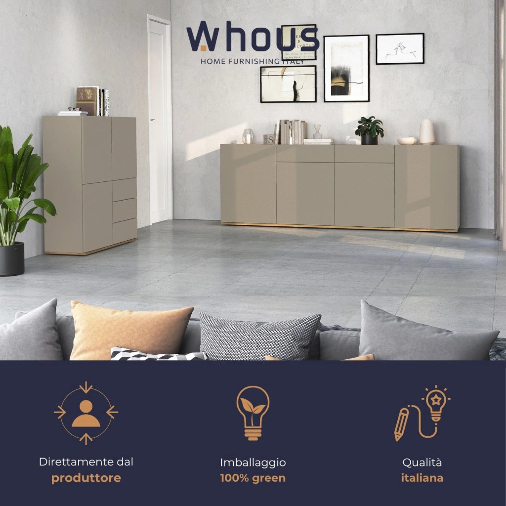 WHOUS Madia Garda a 4 ante e 2 cassetti tortora opaco e rovere 200x35x71 cm