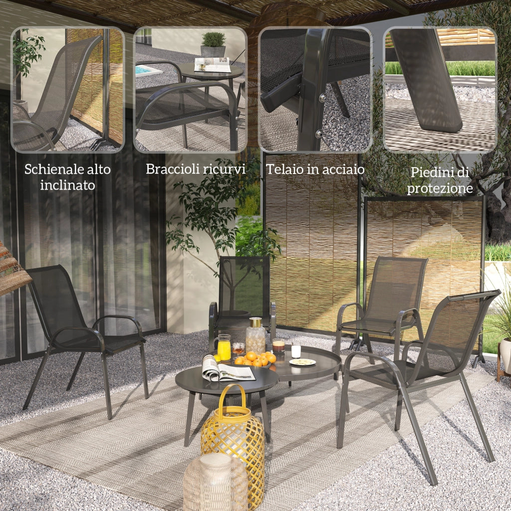 Set 4 Sedie da Giardino Impilabili ¨C Xylo ¨C Acciaio Nero Tessuto Rete Traspirante 54x71x93 cm