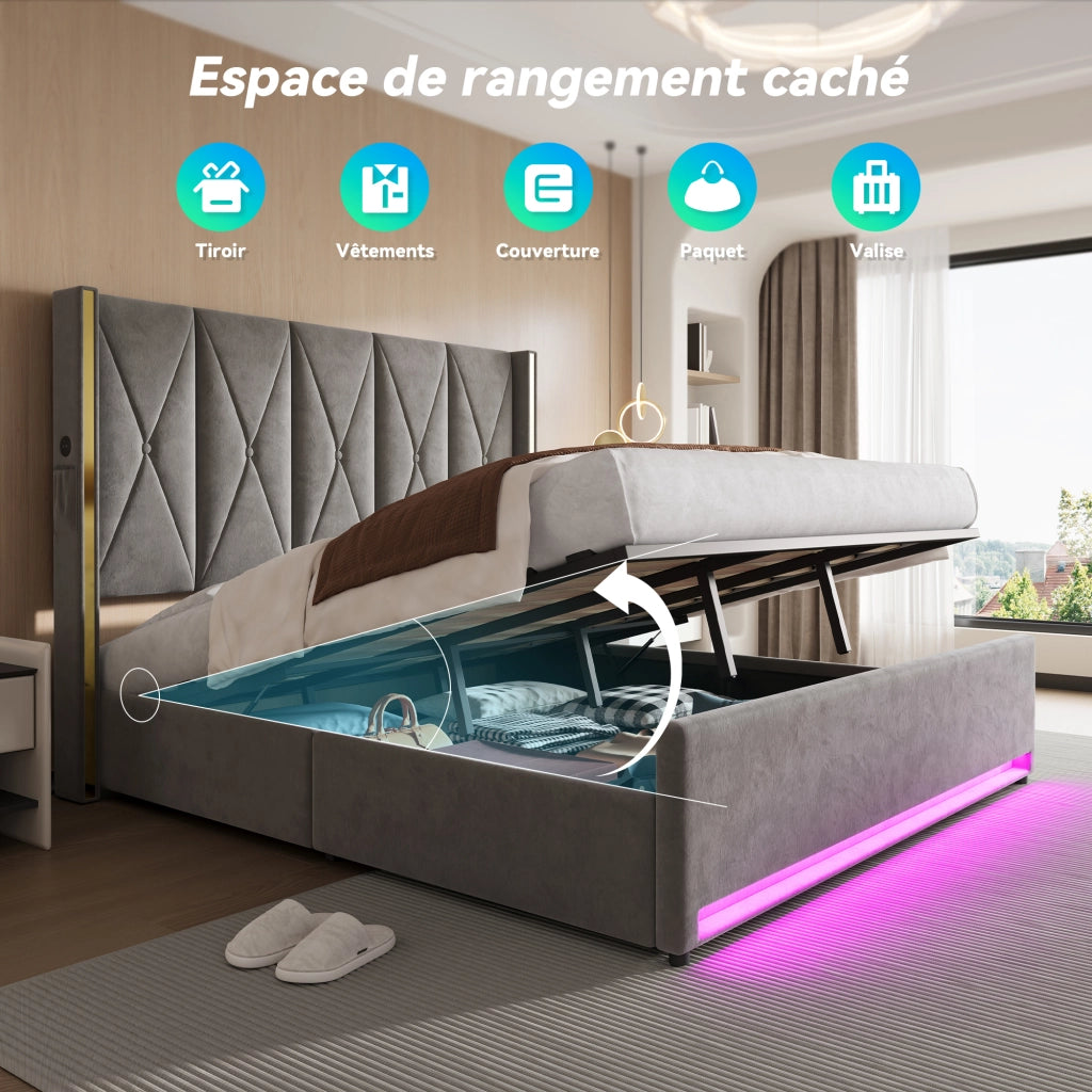Letto contenitore 180 × 200 cm con testiera alta, USB e Type-C, LED regolabile, senza materasso, in velluto, grigio