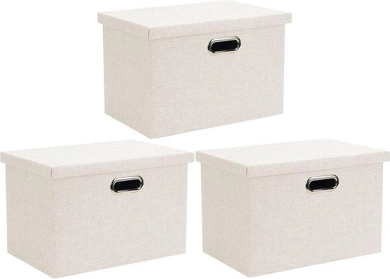 Scatola di archiviazione con coperchio, casse pieghevoli, conservazione, beige, dimensioni extra grandi, 55 x 33 x 33 cm, 3 pezzi