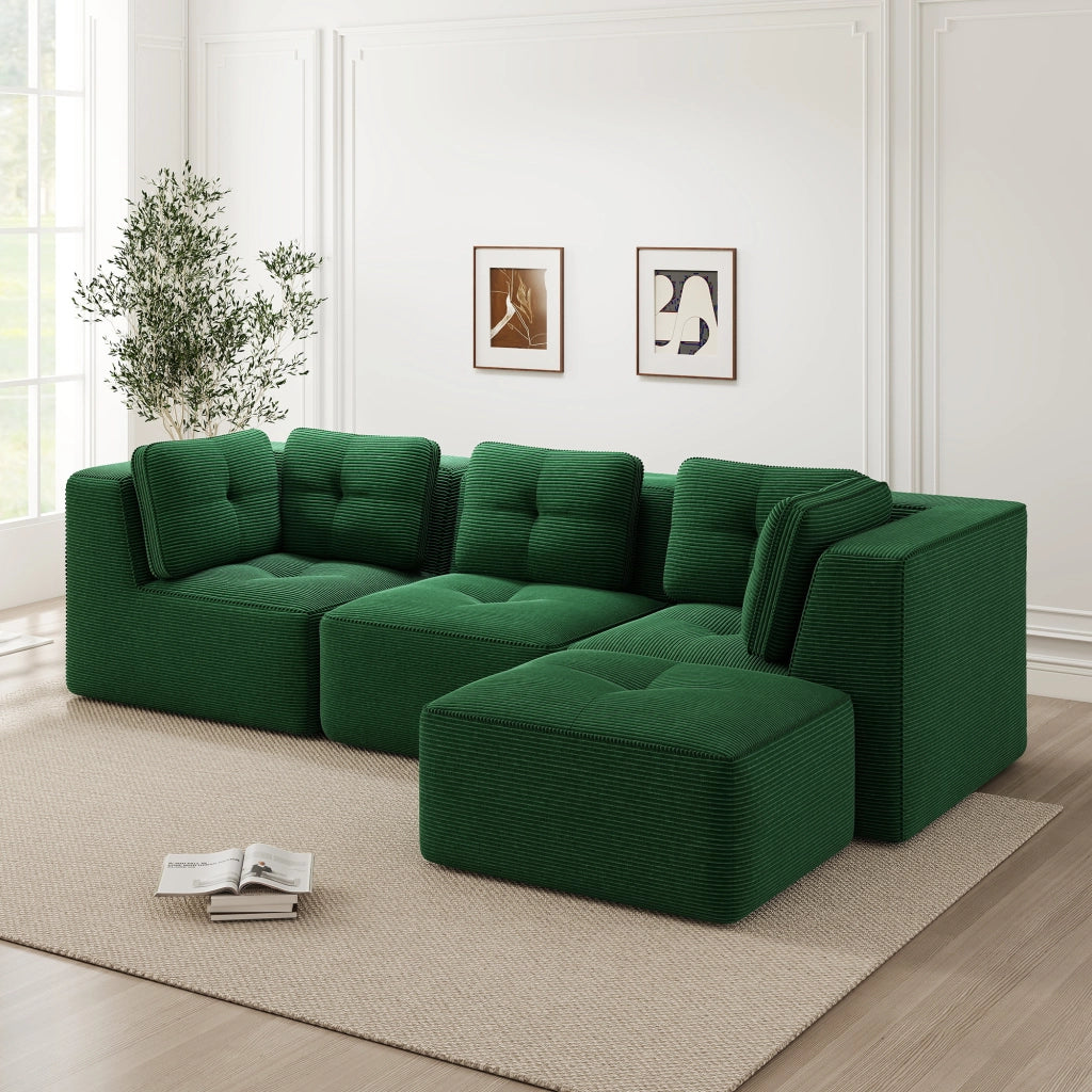 Divano angolare modulare senza montaggio; tessuto a coste; verde
