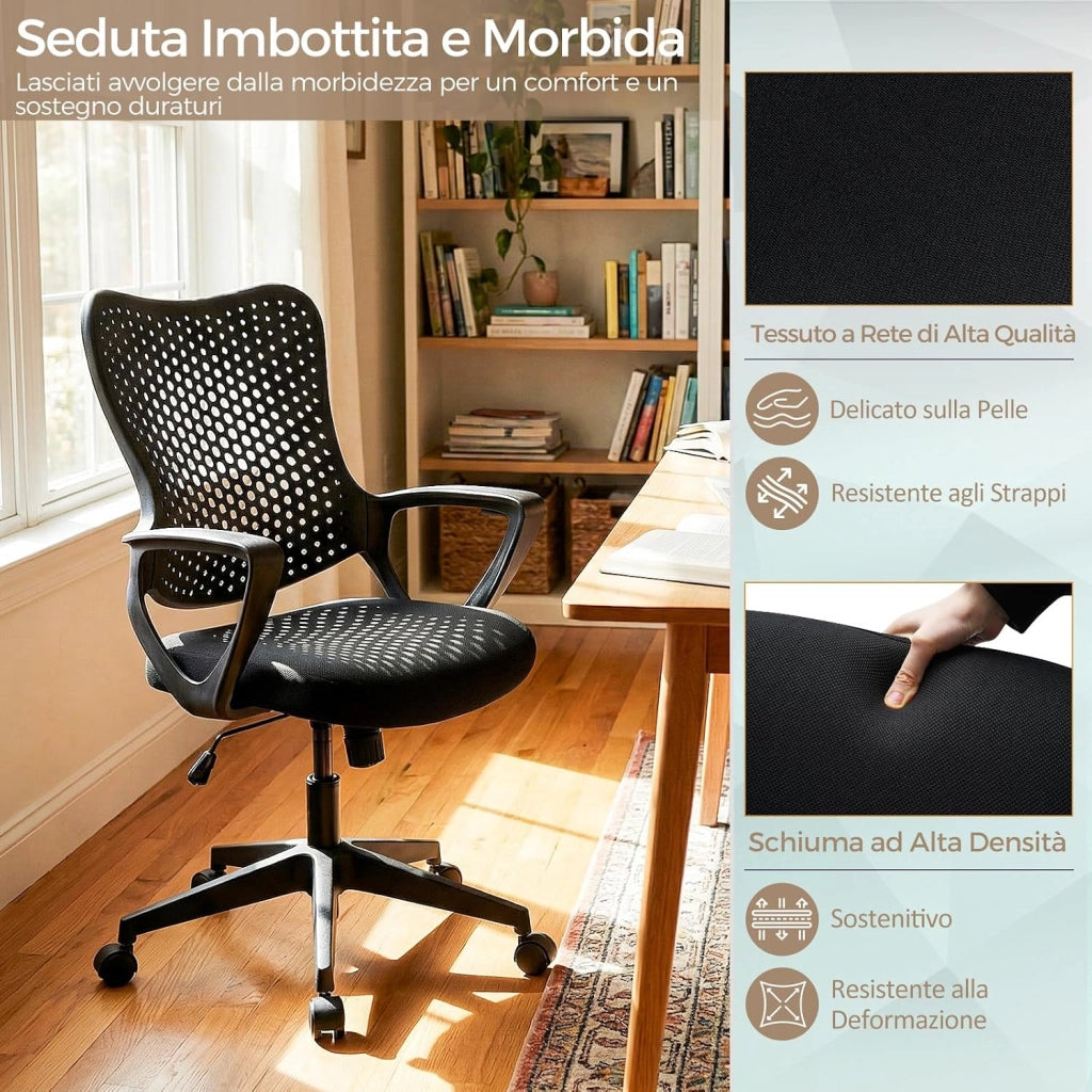 Sedia da Ufficio Ergonomica, con Schienale Reclinabile, Regolabile in Altezza, Sedia Scrivania con Seduta Girevole 360°e Ruote per Ufficio, Studio e Soggiorno, Portata 150 kg (Nero)