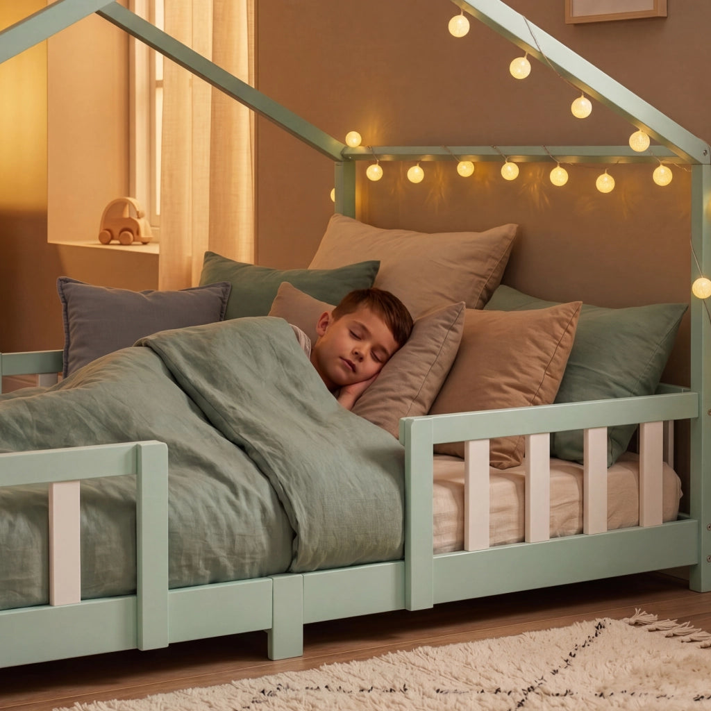 Letto per Cameretta Treviolo a Forma di Casetta in Stile Montessori con Materasso 120x200 cm - Menta Verde/Bianco [en.casa]