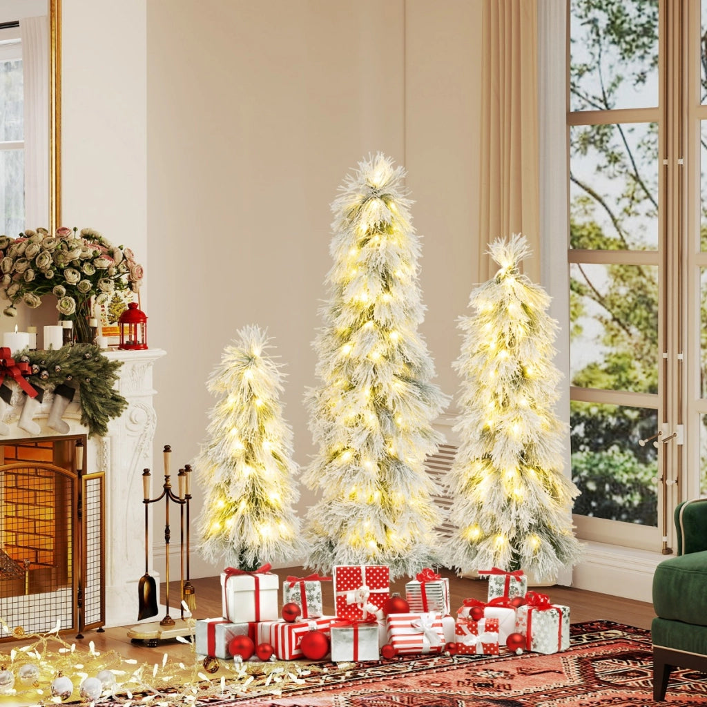 Alberi di Natale pre-illuminati con punte dei rami innevate, Set da 3 alberi di Natale artificiali da 90 cm 120 cm 150 cm-Alberi di Natale
