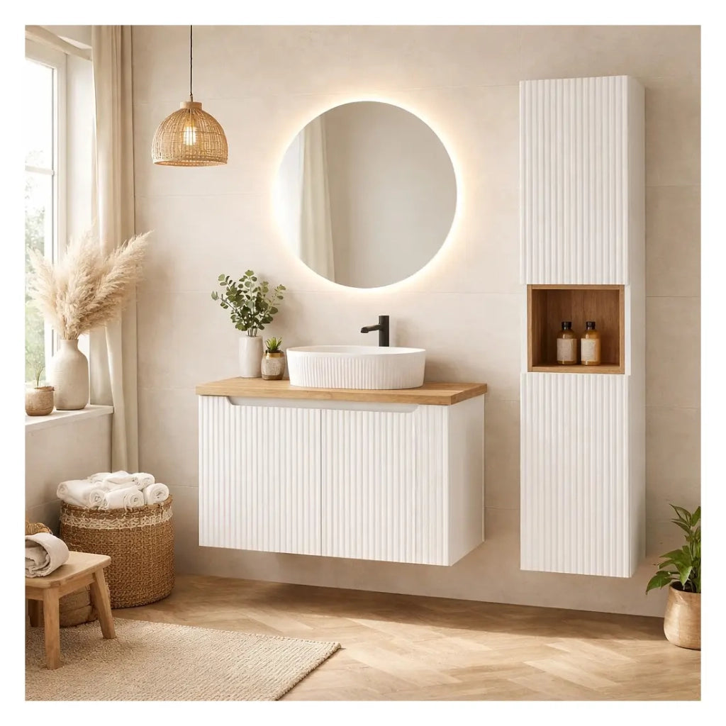Insieme VANO bianco 110cm: mobile sotto lavabo con armadietti + piano per lavabo + lavabo da appoggio scanalato bianco + colonna