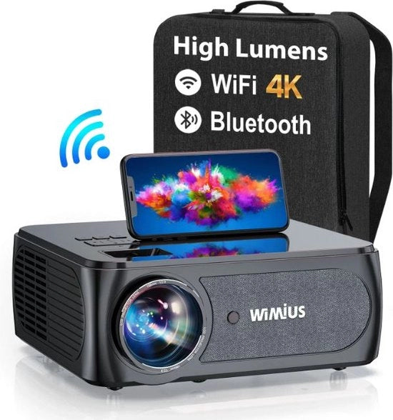 Proiettore K8 - 4K Full HD - 4D Keystone - Connessione WiFi 5G - 300 pollici - 15.000 Lumen - Cinema domestico - Funzione di rotazione 360 gradi - Incluso caso portatile