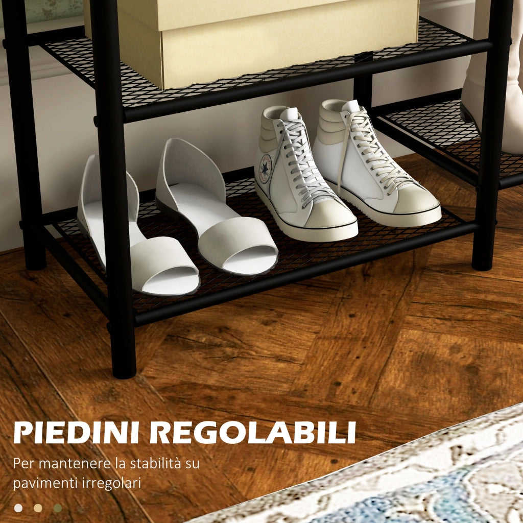 Easycomfort Appendiabiti da Terra a 6 Ganci in Truciolato e Acciaio con Mobile Scarpiera Portaoggetti, 92.5x28.2x182 cm