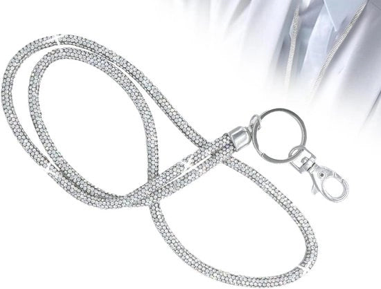 Sistema di appoggio per chiavi con contenitore per carte d'identità e strass in argento a 80cm