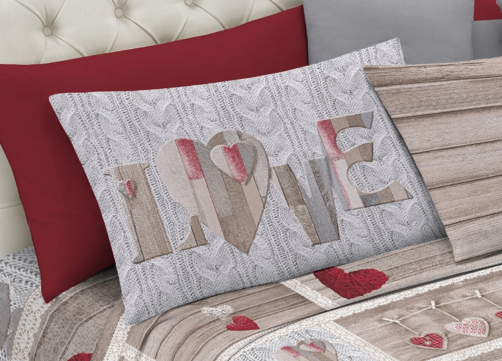 Completo Lenzuola Linea Pensieri Delicati 100% Cotone Disegno Shabby Love - Piazza E Mezza - Rosso