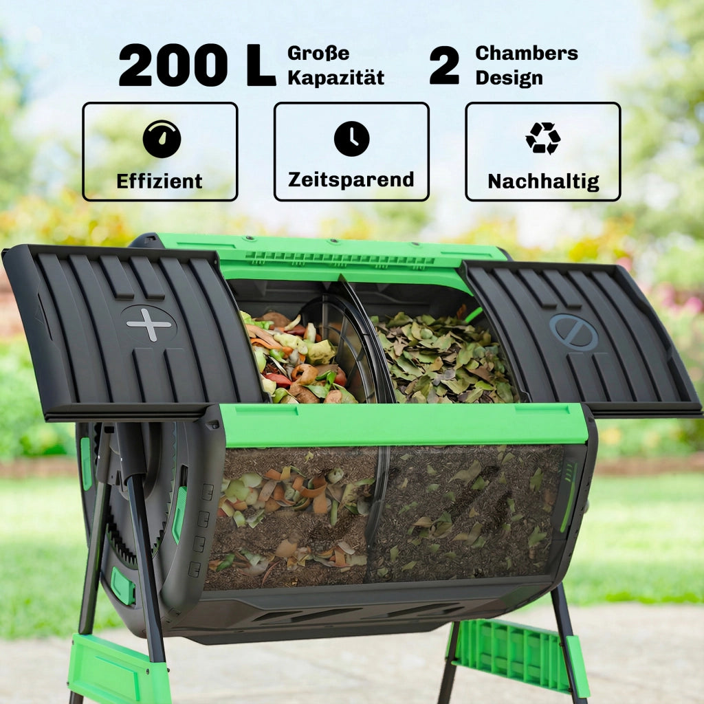 Compostiera 200L ¨C zephmum ¨C Verde, BPA-free, 2 camere, fori ventilazione regolabili
