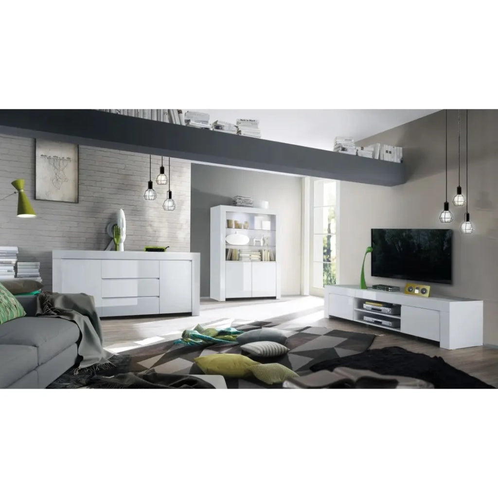 Mobile TV con 2 ante, collezione FOLOMI, colore bianco lucido lacato.