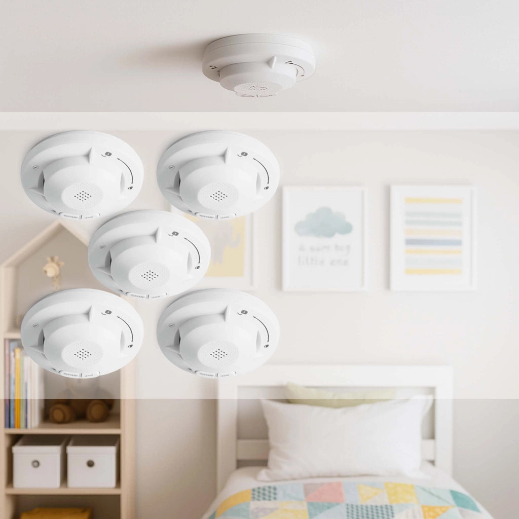 5x Rilevatore di fumo collegabili via radio Batteria da 10 anni e radio frequenza Allarme antincendio fotoelettrico da 85 dB per un'efficace protezione in appartamenti e case