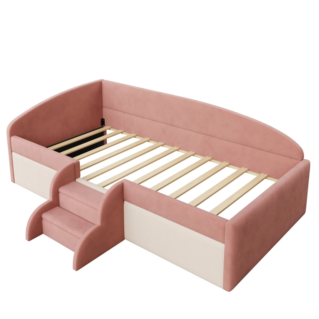 Letto imbottito per bambini 90x190 cm con gradini, sponde e rivestimento in velluto