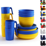 Servizio da tavola in plastica, 24 pezzi, per 6 persone, con etichette colorate riutilizzabili e piatti, set con piatti piatti, piatti dessert, ciotole per muesli, tazze per casa, giardino, picnic.
