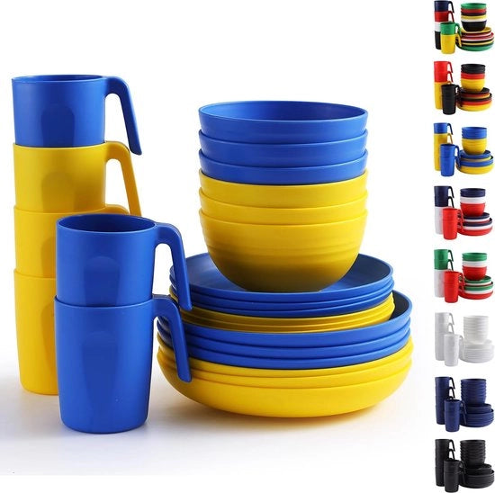 Servizio da tavola in plastica, 24 pezzi, per 6 persone, con etichette colorate riutilizzabili e piatti, set con piatti piatti, piatti dessert, ciotole per muesli, tazze per casa, giardino, picnic.