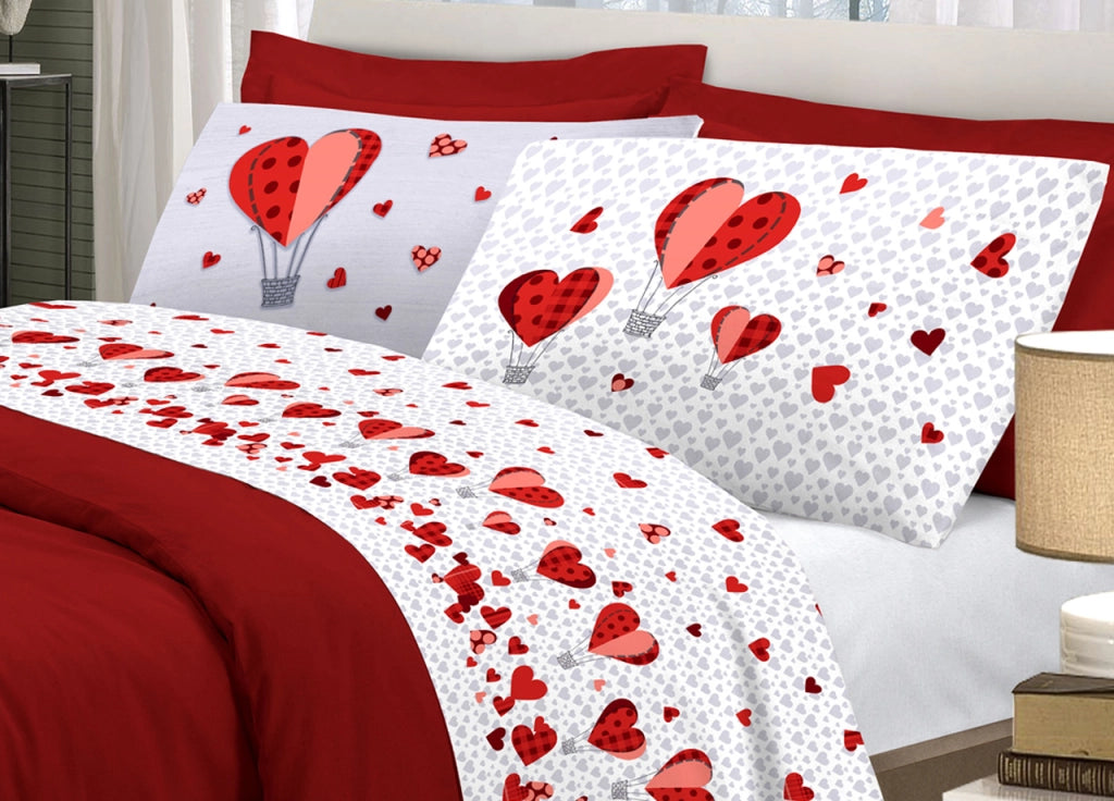 Completo Lenzuola Linea Pensieri Delicati 100% Cotone Disegno Mongolfiera - Matrimoniale - Rosso