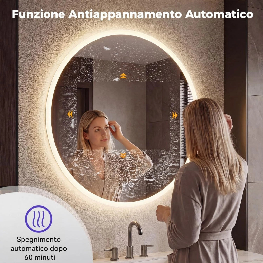Specchio Rotondo con Luce 60 cm, Specchio Retroilluminato Bagno con 3 Colori Luce, Antideflagrante, Antiappannamento, Luminosità Regolabile, IP44, Memoria e Vetro Temperato HD (60 x 60 cm)
