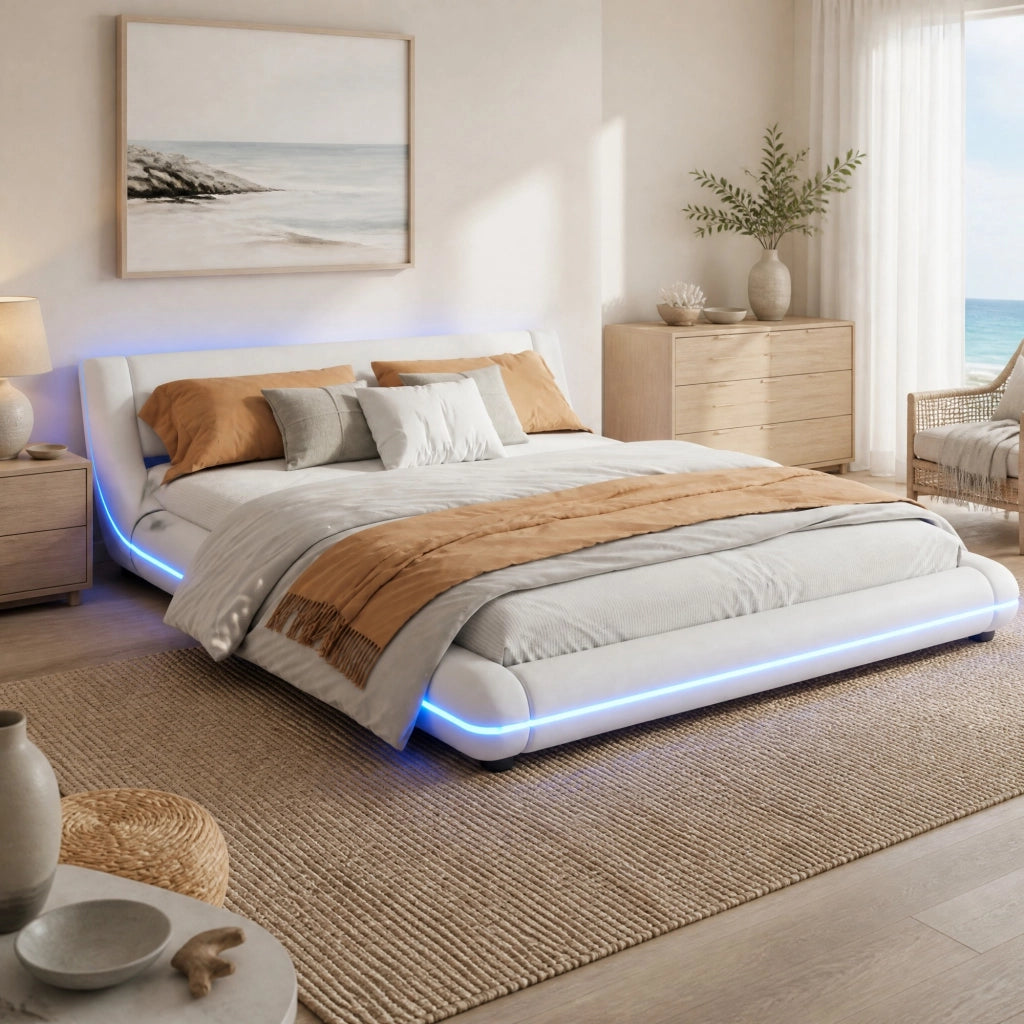LETTO a pavimento 160x200 cm in PU bianco con illuminazione LED