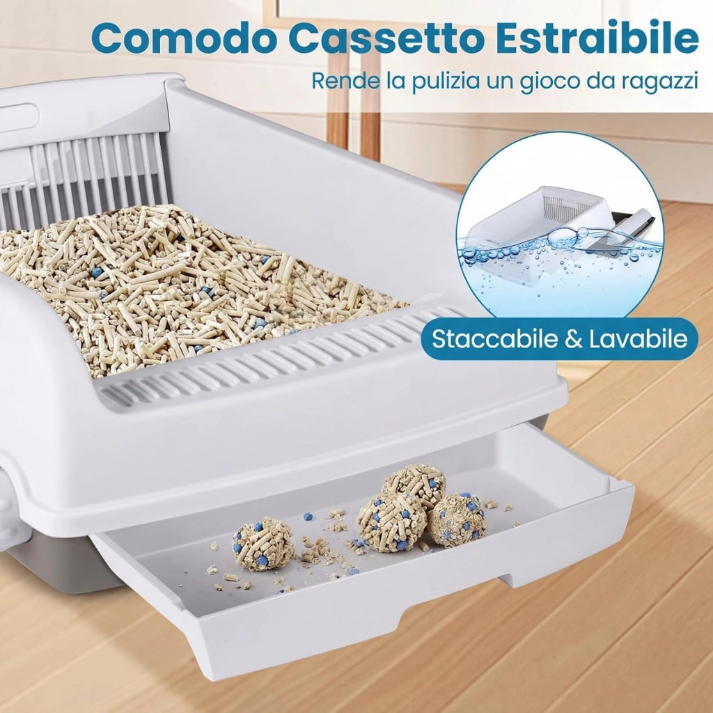 Lettiera per Gatti Semi-Automatica a Tetto Aperto, Toilette Antischizzo con Vassoio Estraibile a Cassetto, Paletta Scorrevole e Pedale Filtra Sabbia, Lettiera per Gatti fino a 10 kg (Bianco)
