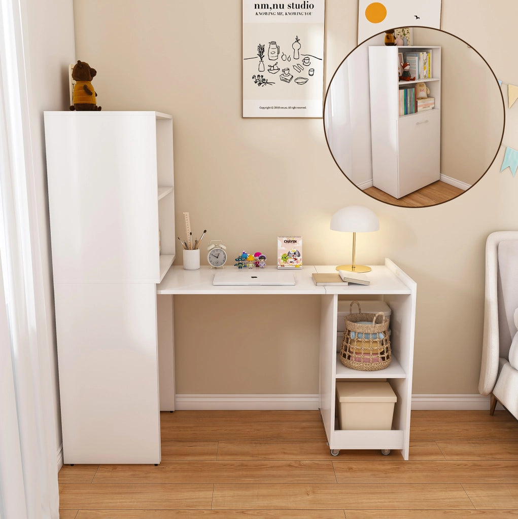 Scrivania estraibile bianca in MDF con mobile contenitore