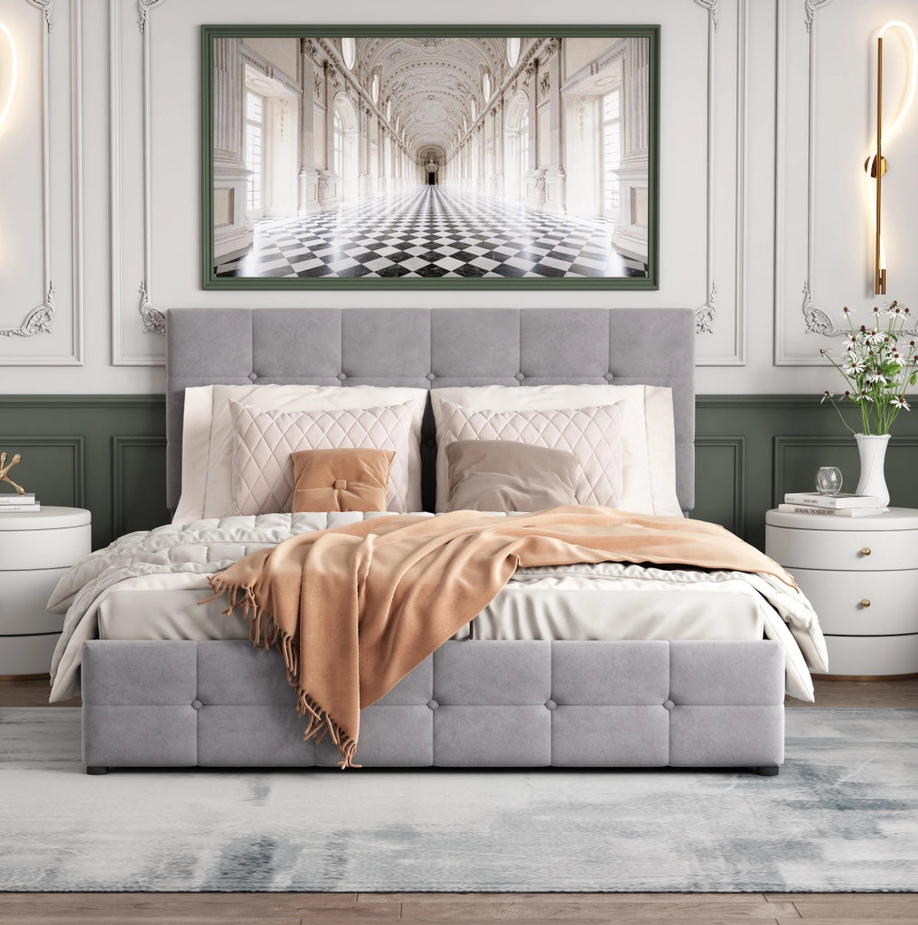 Letto imbottito 140x200 con contenitore idraulico e testiera regolabile