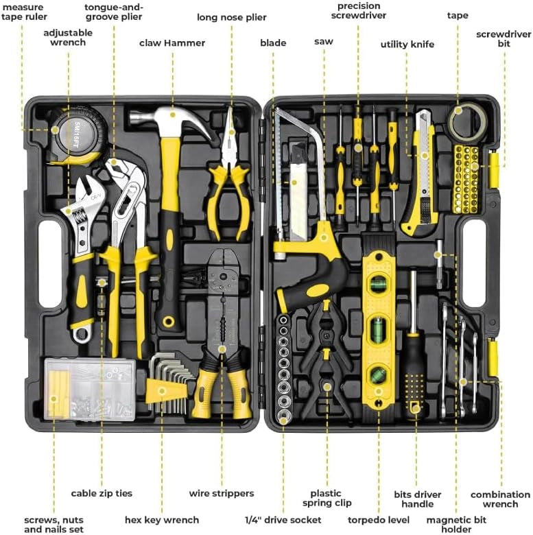 Set di attrezzi da 218 pezzi con martello, cacciavite, pinze e chiave a bussola, 40 cm x 28 cm, colore: nero/giallo
