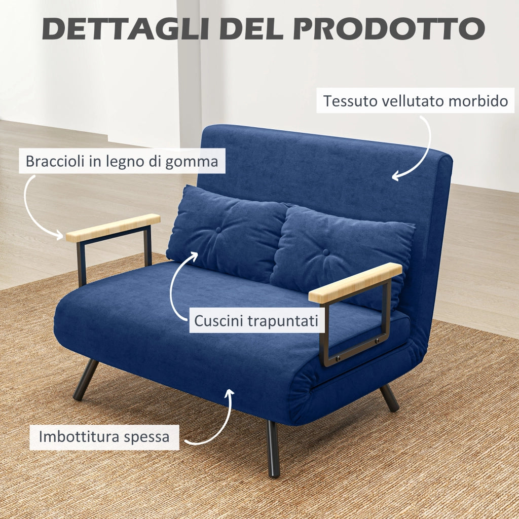 Divano Letto 3 in 1 in Tessuto Effetto Velluto con Schienale Regolabile e 2 Cuscini, 102x73x81 cm, Blu
