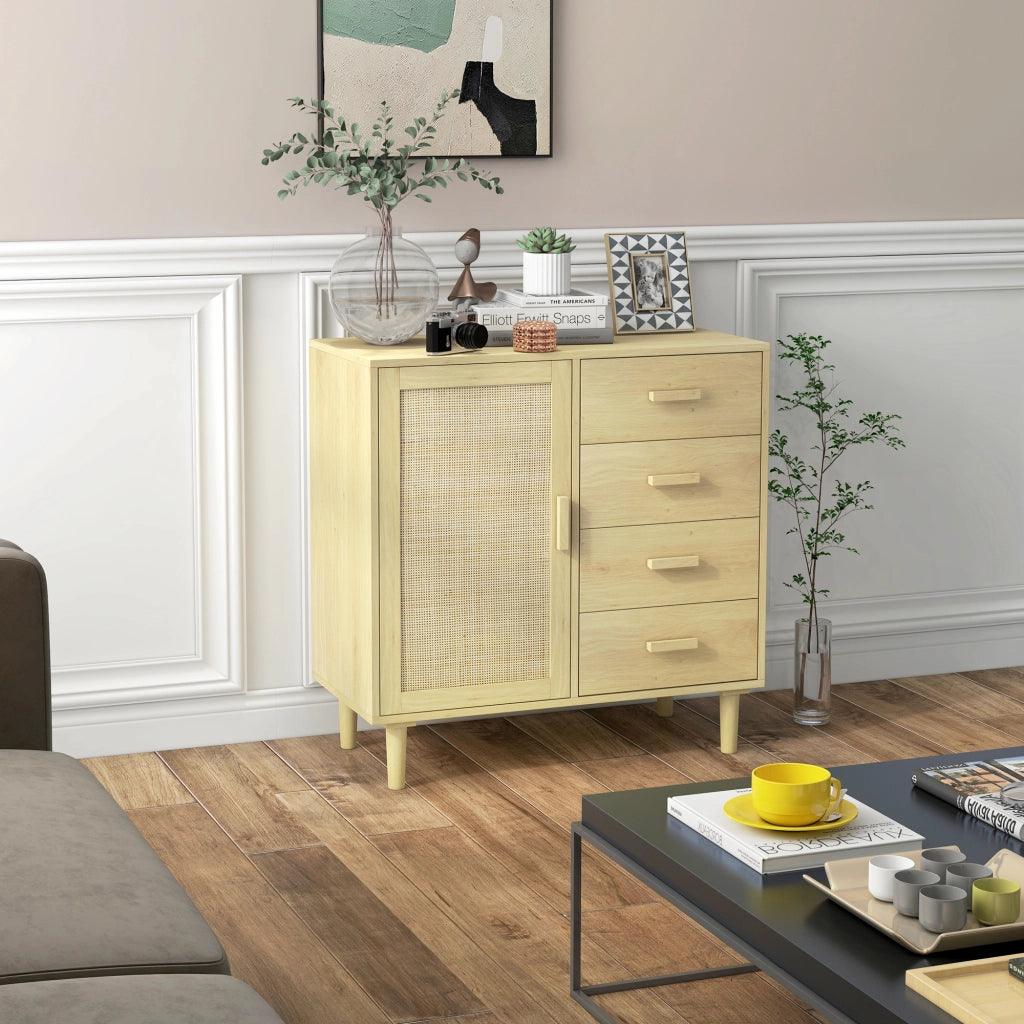 Credenza in rattan con ante intrecciate e 4 cassetti ¨C Xylo ¨C Effetto legno naturale 80x38x80,5 cm