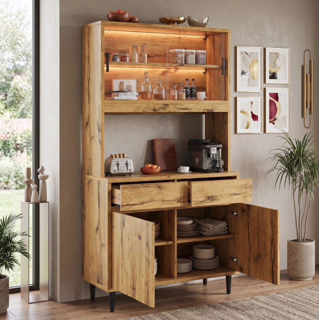 Mobile buffet con illuminazione LED, prese integrate USB-C e USB-A, 100x40x185 cm, colore quercia