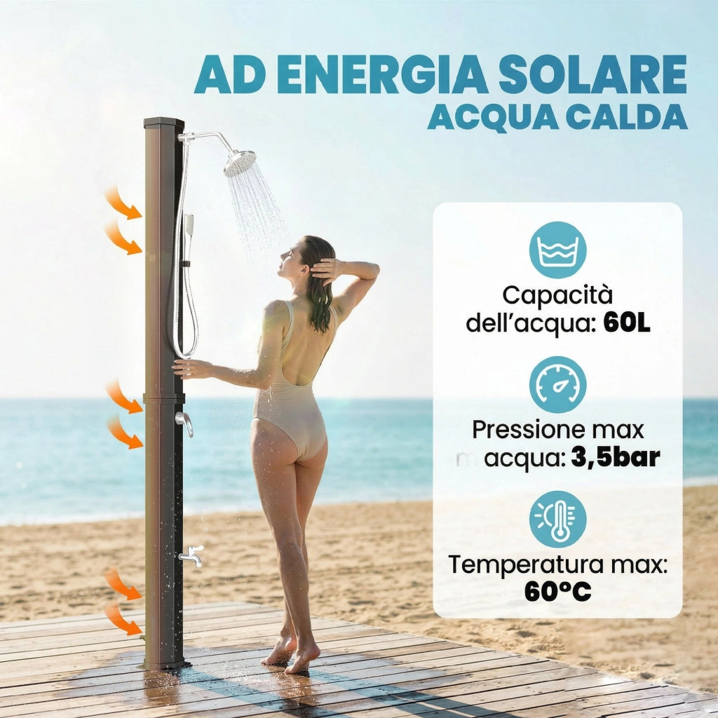 Doccia Solare 60L Doccia da Giardino da Esterno 21,8x18,2x227 cm con 2 Soffioni Riscaldata in ABS e Acciaio Inox Nero