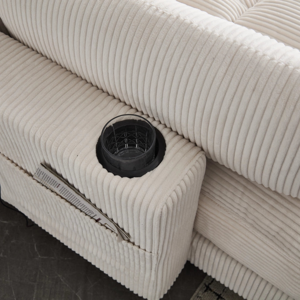 Divano modulare in velluto a coste con cuscini portabicchieri tasche laterali e porte USB separabile in due beige
