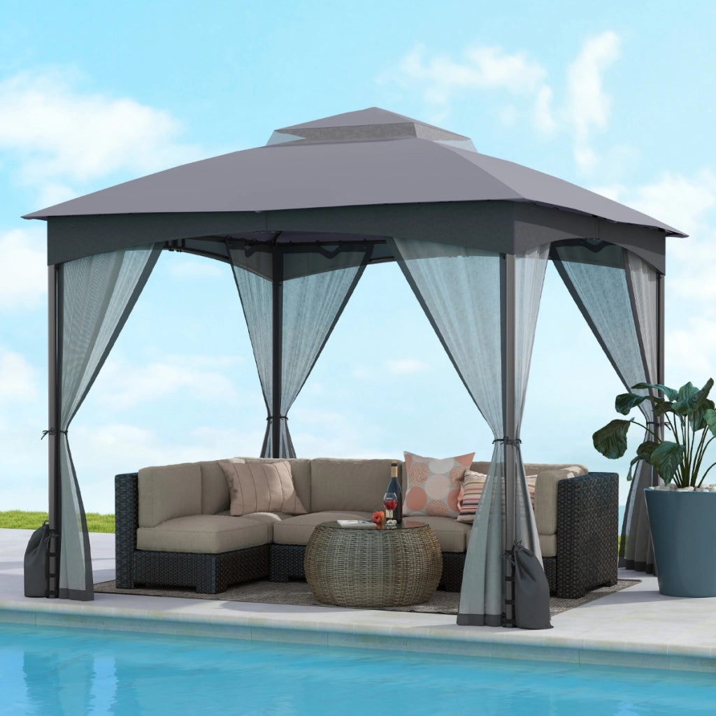 Tetto morbido a doppio strato con 4 sacchi di sabbia con cerniera, Gazebo da patio 3x3 M con pareti in rete Grigio-Gazebo
