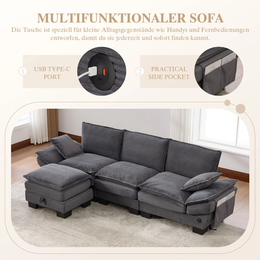 DIVANO modulare 3 posti con pouf 260x132x84 cm in tessuto corduroy grigio scuro