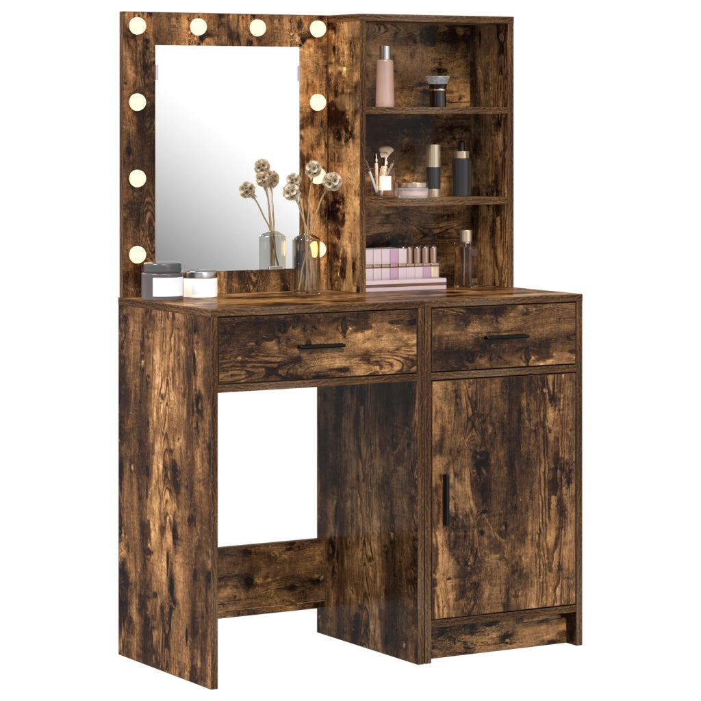 Set di Toeletta in 2 Pezzi con LED in Rovere Affumicato e Legno Ingegnerizzato