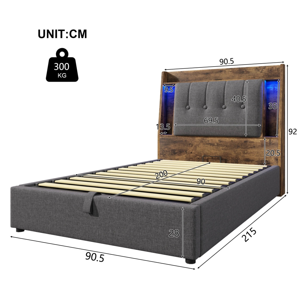 Letto imbottito 90x200 cm con contenitore; USB e Tipo C; LED; lino grigio