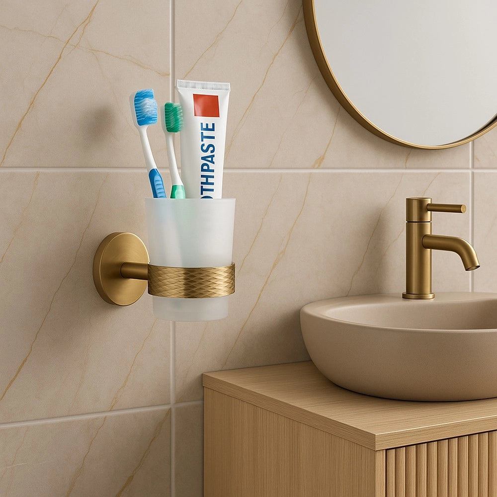 Trade Shop - Porta Spazzolini Da Denti In Acciaio Oro Con Bicchiere Vetro Satinato Bagno 87928 -