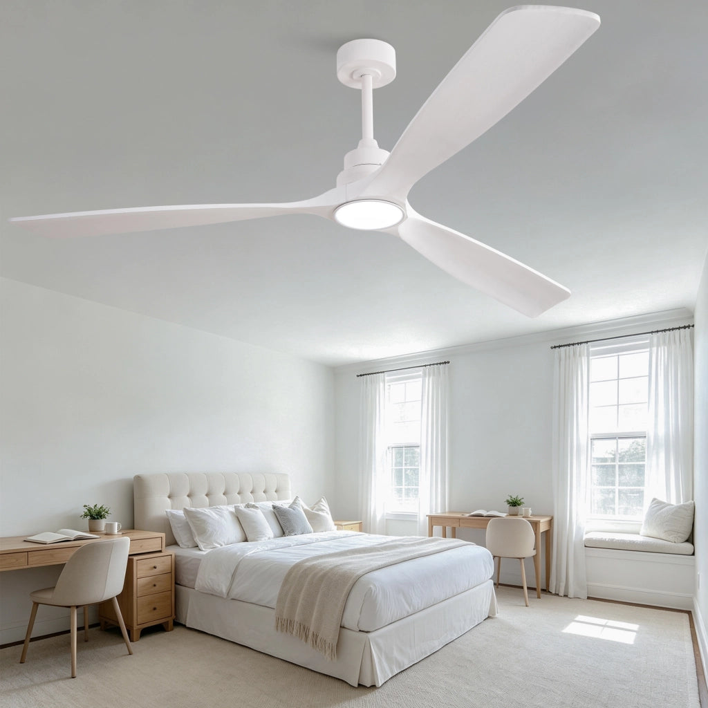 Ventilatore da soffitto bianco puro 70 pollici, 3 pale ad elica rinforzate in legno massello, motore DC reversibile silenzioso, design moderno